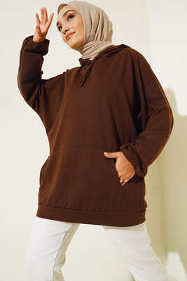 Kapüşonlu Oversize Sweat Kahve 