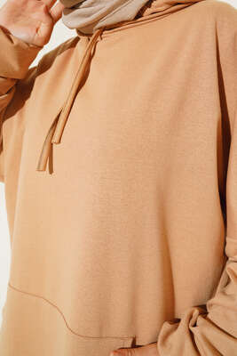 Kapüşonlu Oversize Sweat Latte - Tunik