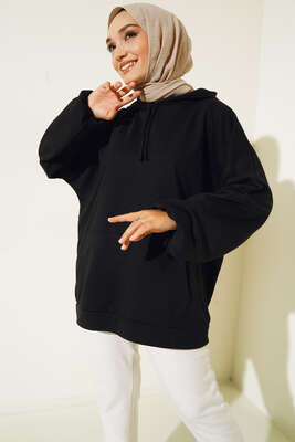 Kapüşonlu Oversize Sweat Siyah 