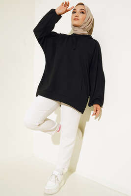 Kapüşonlu Oversize Sweat Siyah - Tunik