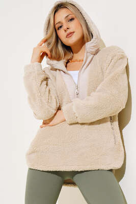 Kapüşonlu Peluş Sweatshirt Bej 