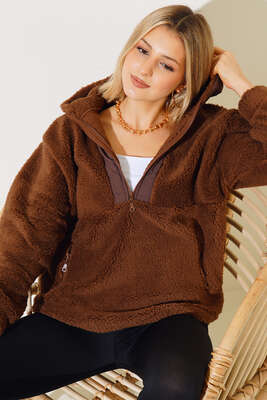 Kapüşonlu Peluş Sweatshirt Kahve - Kadın Giyim Modelleri
