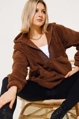 Kapüşonlu Peluş Sweatshirt Kahve - Kadın Giyim Modelleri