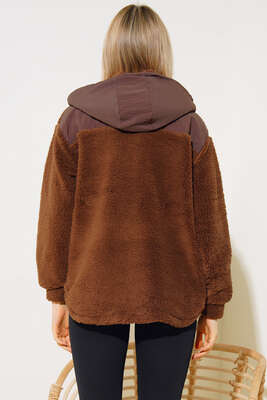 Kapüşonlu Peluş Sweatshirt Kahve - Kadın Giyim Modelleri