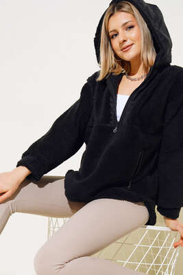 Kapüşonlu Peluş Sweatshirt Siyah 