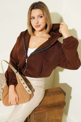 Kapüşonlu Şardonlu Kısa Hırka Kahve - Kadın Giyim Modelleri