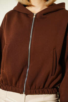 Kapüşonlu Şardonlu Kısa Hırka Kahve - Kadın Giyim Modelleri