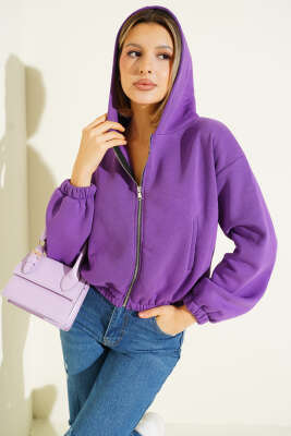 Kapüşonlu Şardonlu Kısa Hırka Menekşe 