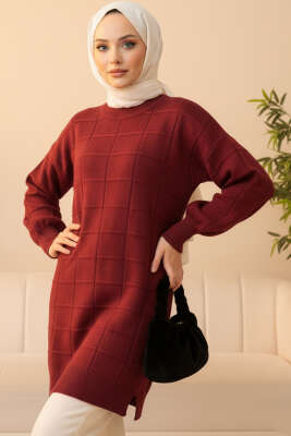 Kare Kabartmalı Yumoş Triko Tunik Bordo 