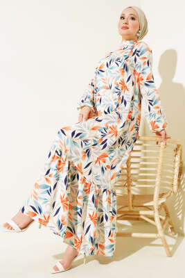 Karışık Desen Viskon Elbise Bej - Tesettür Elbise