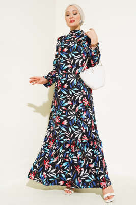 Karışık Desen Viskon Elbise Siyah Mavi 