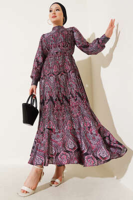 Karışık Desenli Kuşaklı Elbise Siyah 