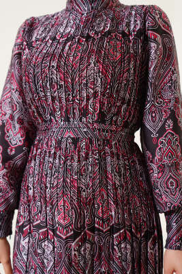 Karışık Desenli Kuşaklı Elbise Siyah - Elbise