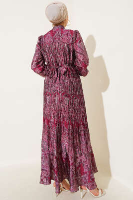 Karışık Desenli Kuşaklı Elbise Bordo - Elbise