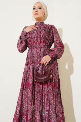 Karışık Desenli Kuşaklı Elbise Bordo - Elbise