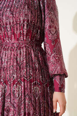 Karışık Desenli Kuşaklı Elbise Bordo - Elbise