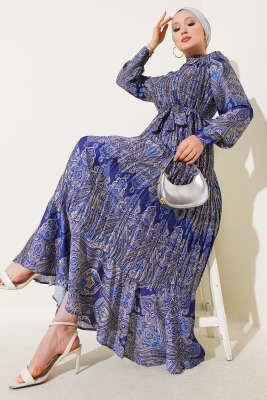 Karışık Desenli Kuşaklı Elbise Lacivert 