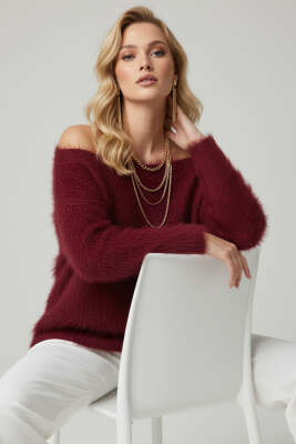 Kayık Yaka Tüylü Kazak Bordo - KECHI WOMAN