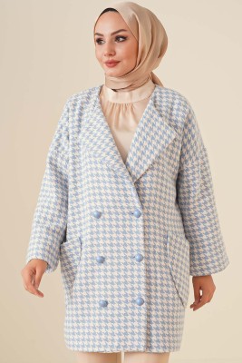 Kazayağı Desen Mavi Kısa Kaban
