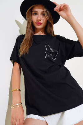 Kelebekli Taşlı T-shirt Siyah - Yeni Giyim