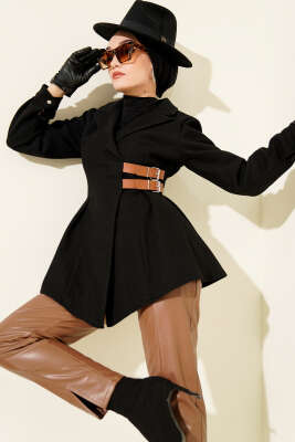 Kemer Detaylı Kaşe Ceket Siyah 