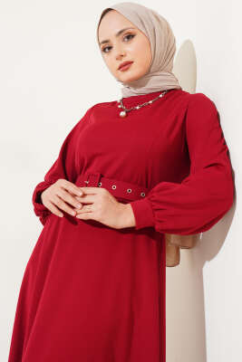Kemerli Basic Elbise Bordo - Tesettür Elbise