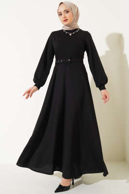 Kemerli Basic Elbise Siyah 
