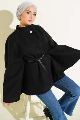Kemerli Düğmeli Kaşe Panço Siyah