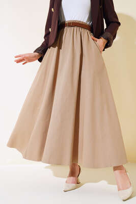 Kemerli Gabardin Etek Latte 
