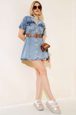 Kemerli Mini Kot Elbise Açık Mavi - Kadın Giyim Modelleri