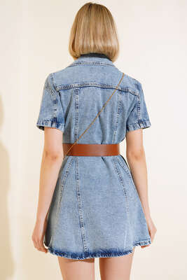 Kemerli Mini Kot Elbise Açık Mavi - Kadın Giyim Modelleri