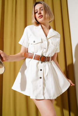 Kemerli Mini Kot Elbise Ekru 