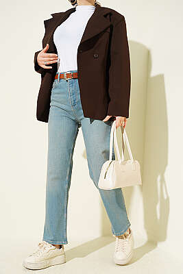Kemerli Mom Jeans Pantolon Açık Tint 