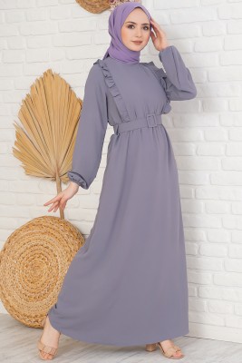 Kemerli Önü Fırfırlı Gri Elbise