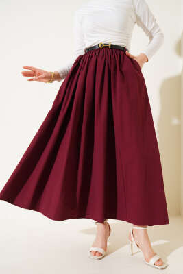 Kemerli Poplin Etek Bordo