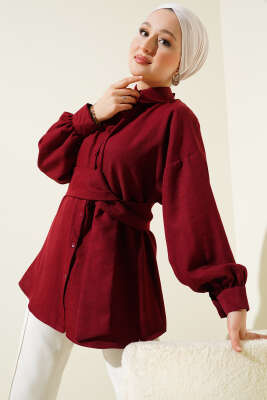 Kendinden Geniş Kuşaklı Gömlek Bordo 