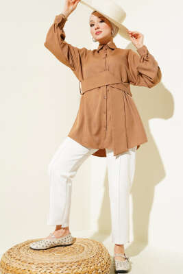 Kendinden Geniş Kuşaklı Gömlek Camel - Gömlek