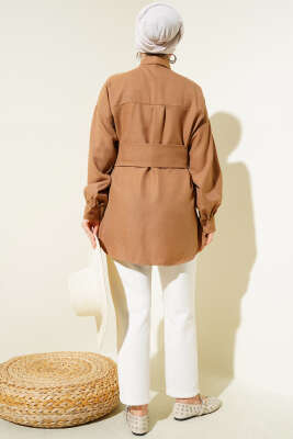 Kendinden Geniş Kuşaklı Gömlek Camel - Gömlek