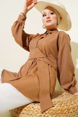 Kendinden Geniş Kuşaklı Gömlek Camel - Gömlek