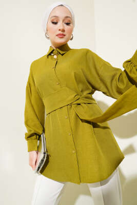 Kendinden Geniş Kuşaklı Gömlek Fıstık Yeşili 