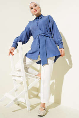 Kendinden Geniş Kuşaklı Gömlek İndigo - Gömlek