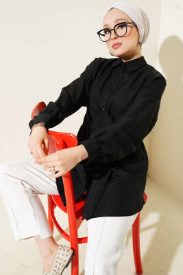 Kendinden Geniş Kuşaklı Gömlek Siyah 