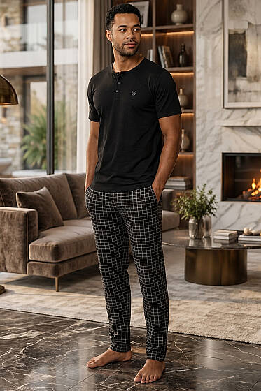 Kısa Kol Kare Çizgi Desen Erkek Pijama Takımı Siyah - Pijama