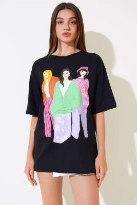 Kız Baskılı Salaş T-shirt Siyah - Yeni Giyim