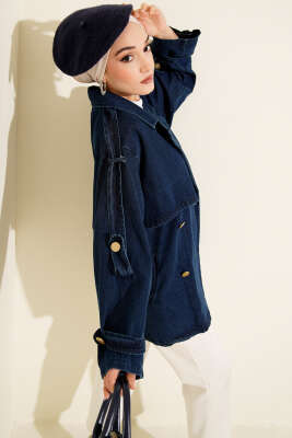 Kol Apoletli Kuşaklı Kot Trençkot Mavi - BERAT TEKSTİL