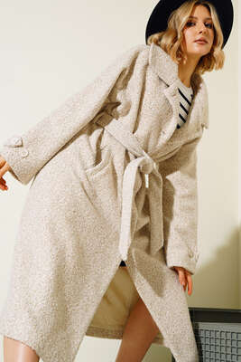 Kol Bantlı Belden Bağlamalı Kuşaklı Kaban Bej - Kadın Giyim Modelleri