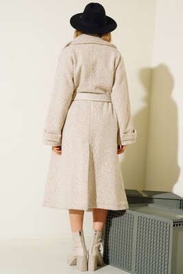 Kol Bantlı Belden Bağlamalı Kuşaklı Kaban Bej - Kadın Giyim Modelleri