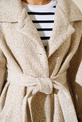 Kol Bantlı Belden Bağlamalı Kuşaklı Kaban Bej - Kadın Giyim Modelleri