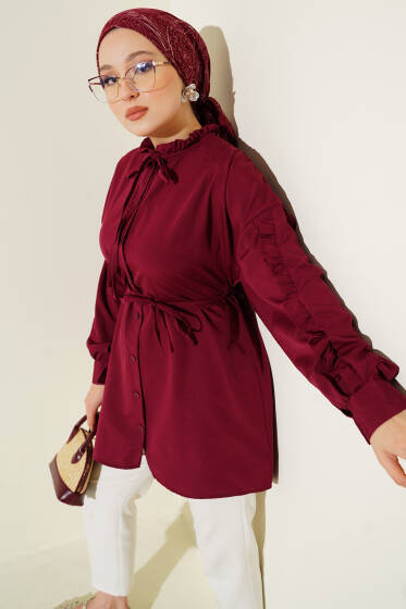 Kol Fırfırlı İp Kuşaklı Gömlek Bordo - 300-500 TL Ürünler