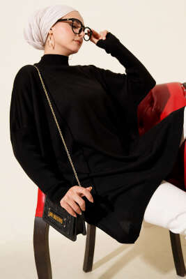 Kol Ribanalı Oversize Triko Tunik Siyah